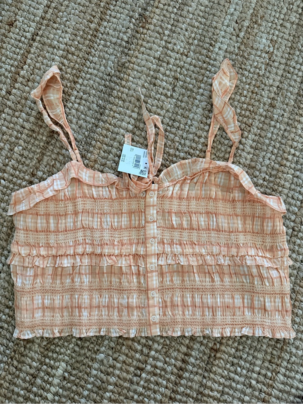 American Eagle Outfitters Peach Plaid Smocked Crop Tank